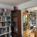Books on the shelves - part of our living and dining room