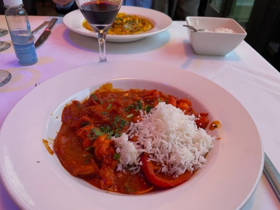 A prawn curry and rice.