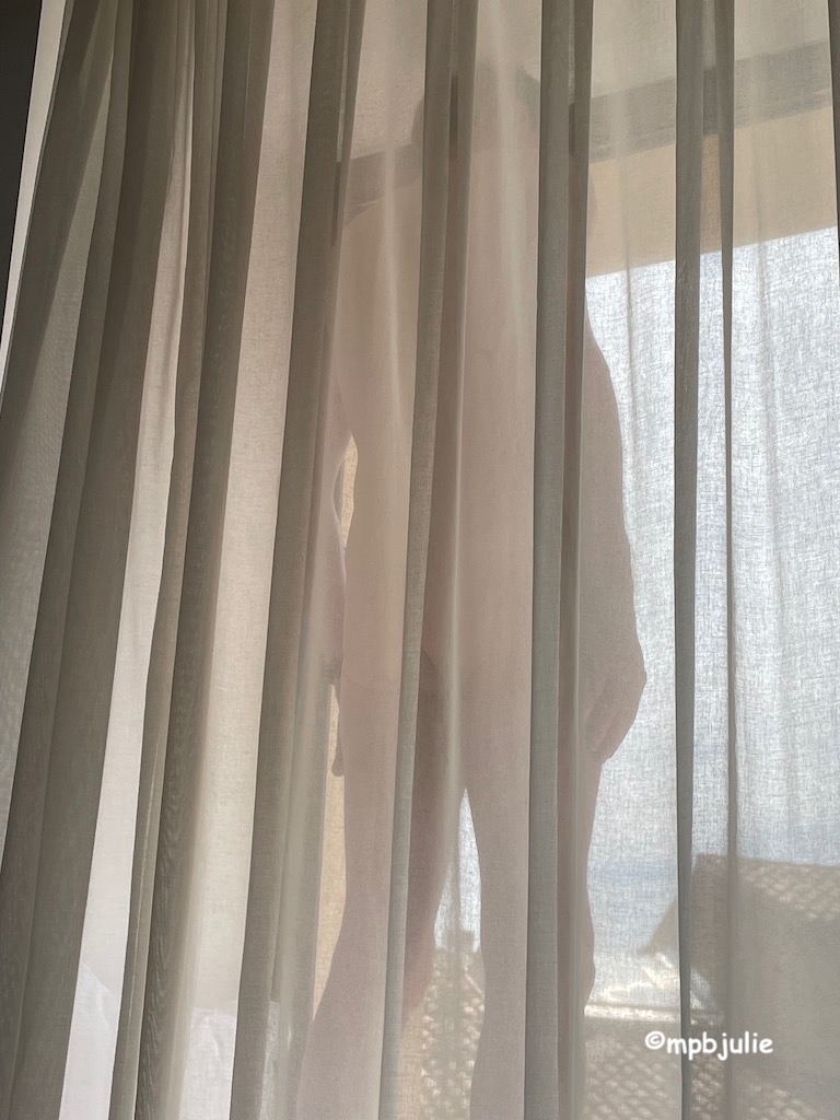 Master is standing behind the net curtain of a large tall window. He is naked and looking over the rooftops beyond. I'm in the hotel room and took the photo.