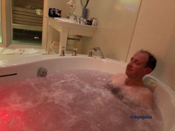 Master enjoying the large jacuzzi bath in one of the hotels we stayed in.