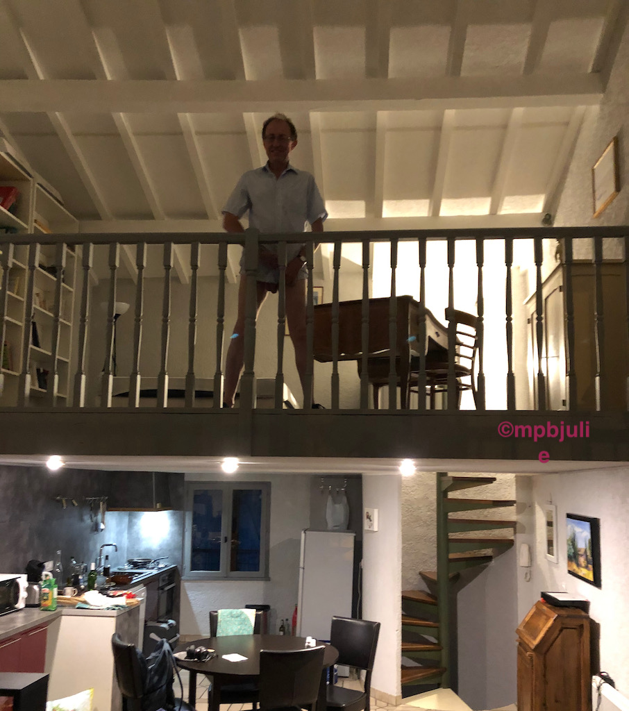 Master is standing on the mezzanine level. Un his background there are shelves, a bed, desk and chair and cabinet. Below the kitchen and dining area. 
